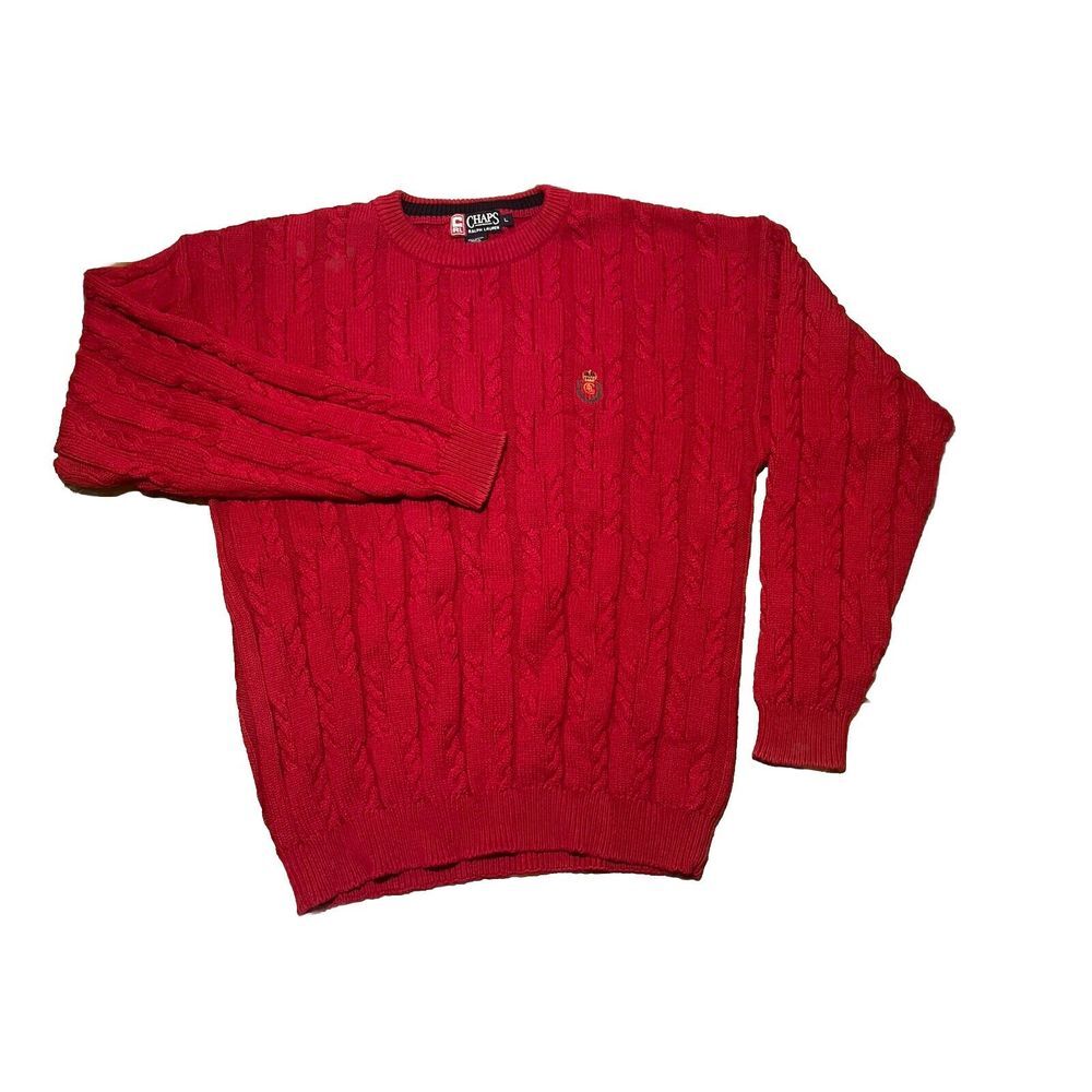 Vintage Chaps Ralph Lauren Sweater Mens L Red Cable Knit Crochet Crew Neck Y2K
